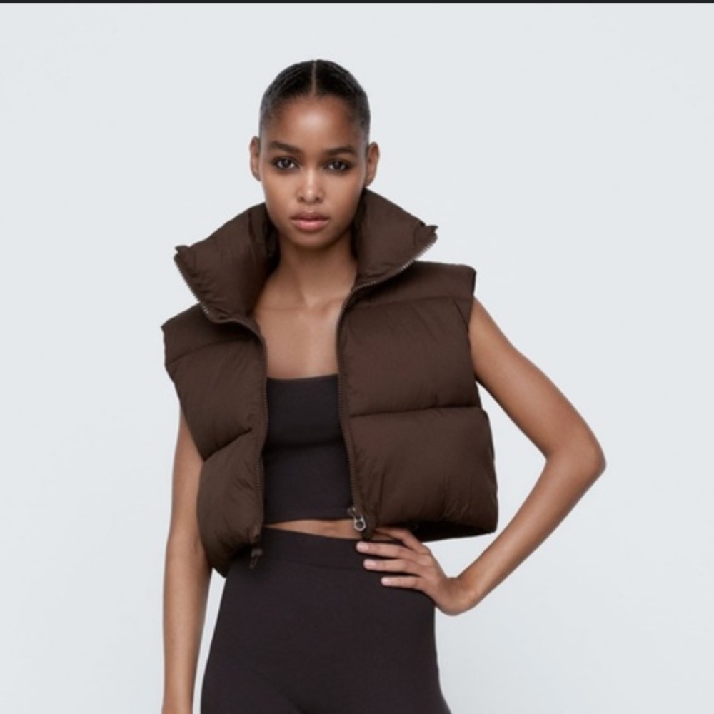 Zara Brown Puffer Crop Vest